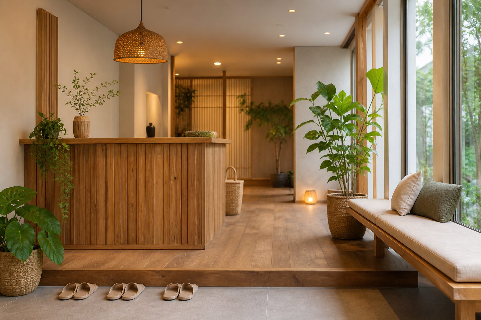 木のカウンターとベンチ、観葉植物が置かれたスタジオの入り口。上がり口にスリッパが並んでいる